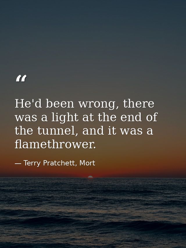 He'd been wrong, there was a light at the end of the tunnel, and it was a flamethrower. — Terry Pratchett, Mort