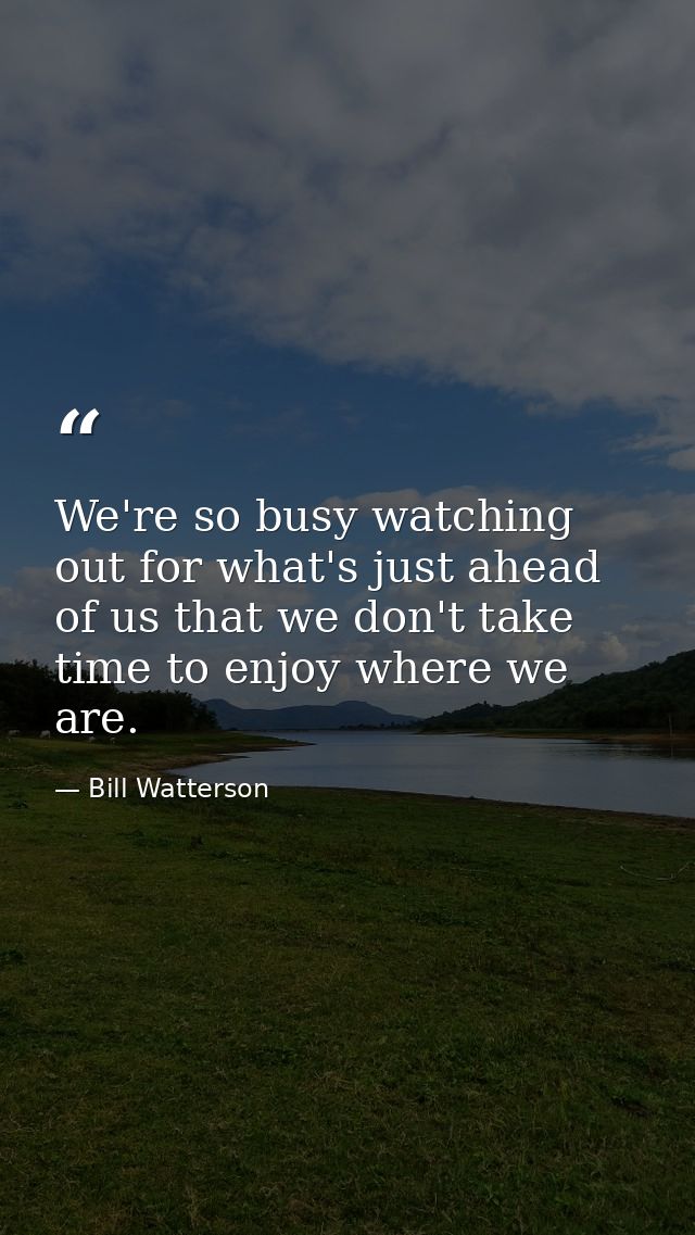 We're so busy watching out for what's just ahead of us that we don't take time to enjoy where we are. — Bill Watterson