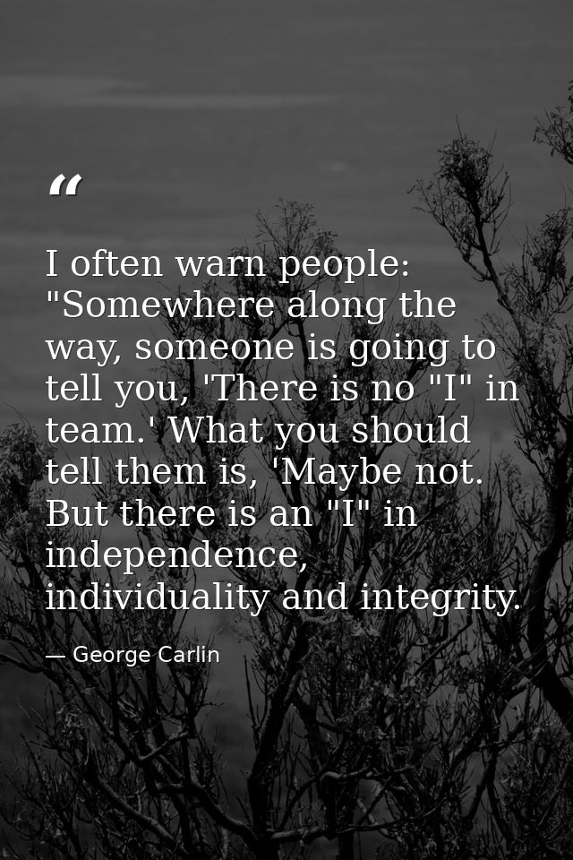 I often warn people: "Somewhere along the way, someone is going to tell you, 'There is no "I" in team.' What you should  — George Carlin