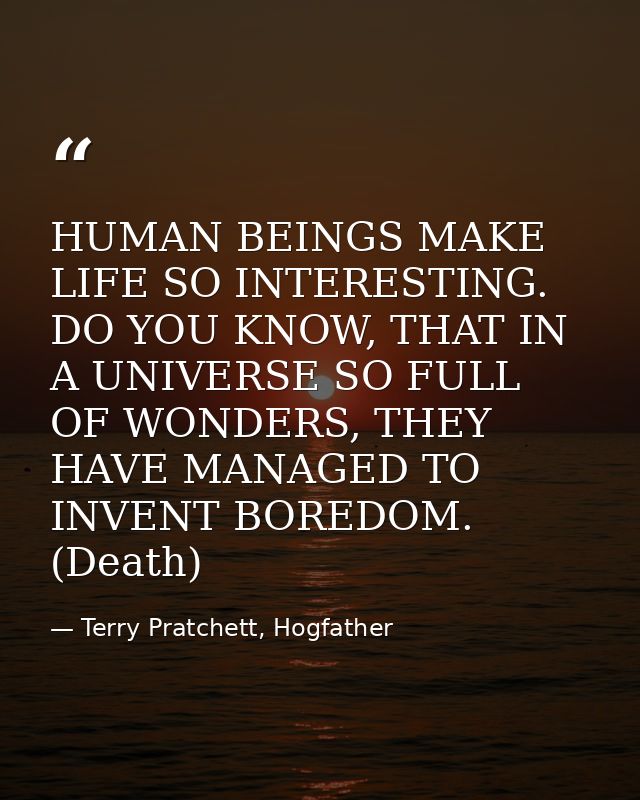 HUMAN BEINGS MAKE LIFE SO INTERESTING. DO YOU KNOW, THAT IN A UNIVERSE SO FULL OF WONDERS, THEY HAVE MANAGED TO INVENT B — Terry Pratchett, Hogfather