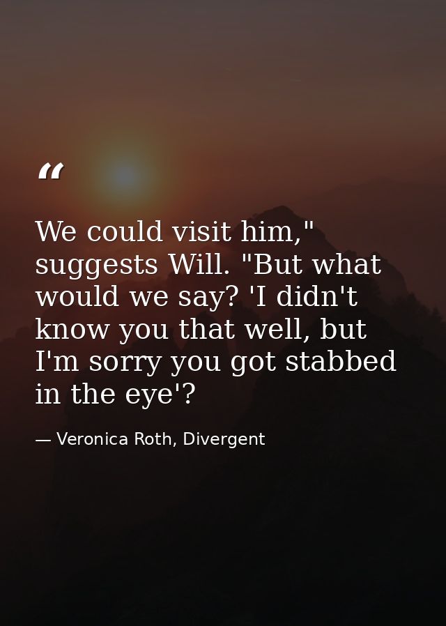 We could visit him," suggests Will. "But what would we say? 'I didn't know you that well, but I'm sorry you got stabbed  — Veronica Roth, Divergent
