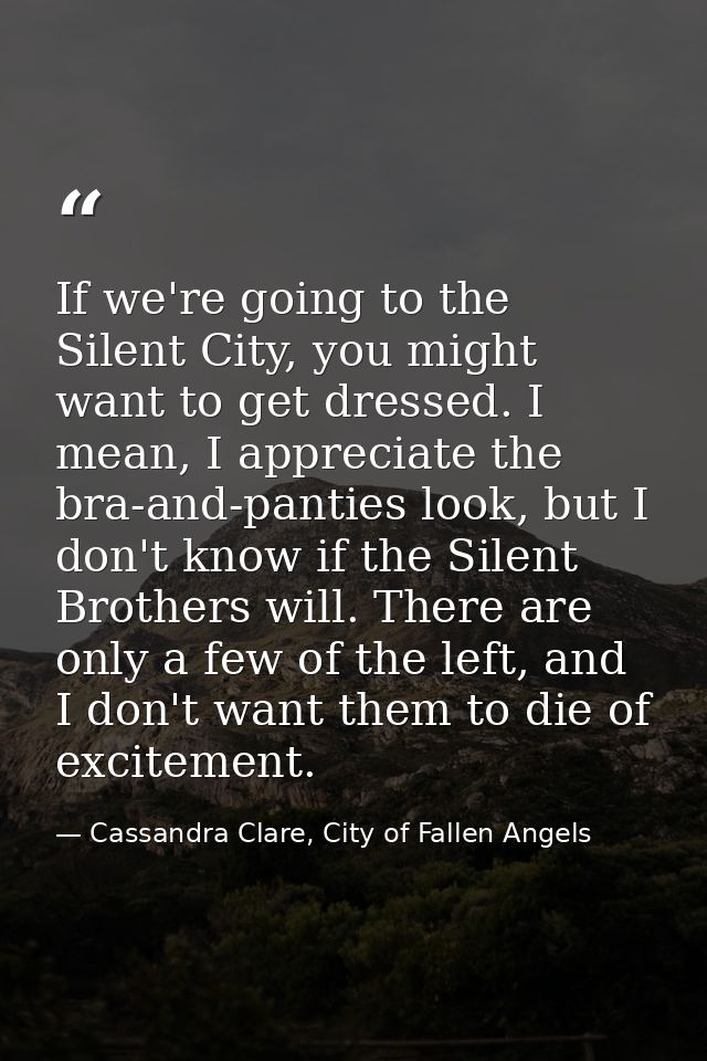 If we're going to the Silent City, you might want to get dressed. I mean, I appreciate the bra-and-panties look, but I d — Cassandra Clare, City of Fallen Angels
