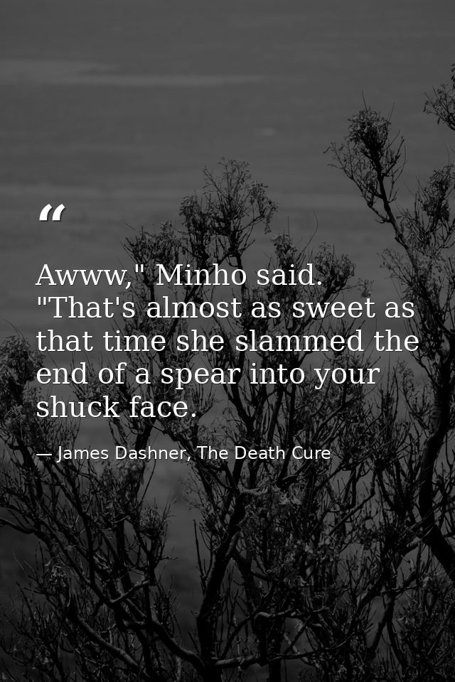 Awww," Minho said. "That's almost as sweet as that time she slammed the end of a spear into your shuck face. — James Dashner, The Death Cure