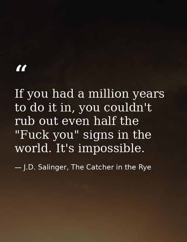 If you had a million years to do it in, you couldn't rub out even half the "Fuck you" signs in the world. It's impossibl — J.D. Salinger, The Catcher in the Rye