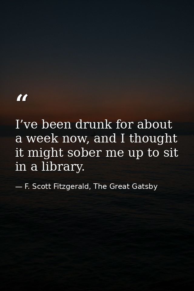 I’ve been drunk for about a week now, and I thought it might sober me up to sit in a library. — F. Scott Fitzgerald, The Great Gatsby