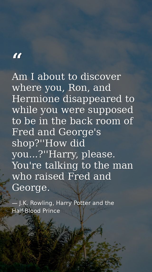 Am I about to discover where you, Ron, and Hermione disappeared to while you were supposed to be in the back room of Fre — J.K. Rowling, Harry Potter and the Half-Blood Prince