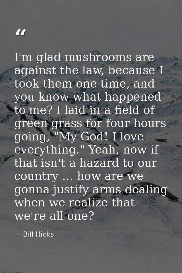 I'm glad mushrooms are against the law, because I took them one time, and you know what happened to me? I laid in a fiel — Bill Hicks