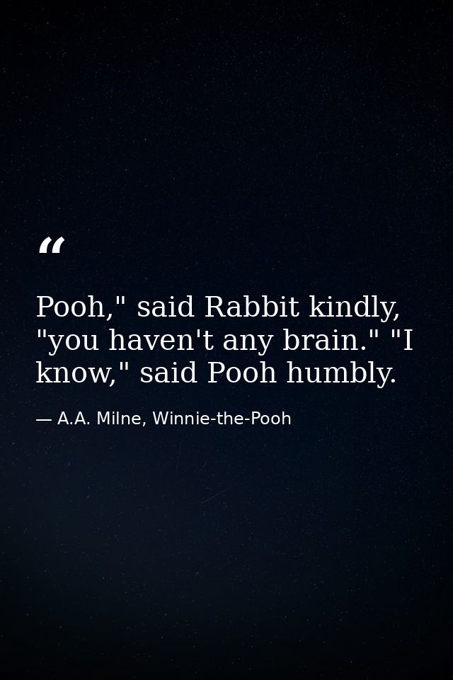 Pooh," said Rabbit kindly, "you haven't any brain." "I know," said Pooh humbly. — A.A. Milne, Winnie-the-Pooh