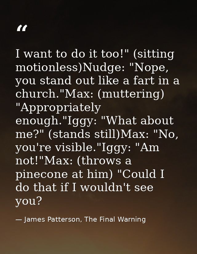 I want to do it too!" (sitting motionless)Nudge: "Nope, you stand out like a fart in a church."Max: (muttering) "Appropr — James Patterson, The Final Warning