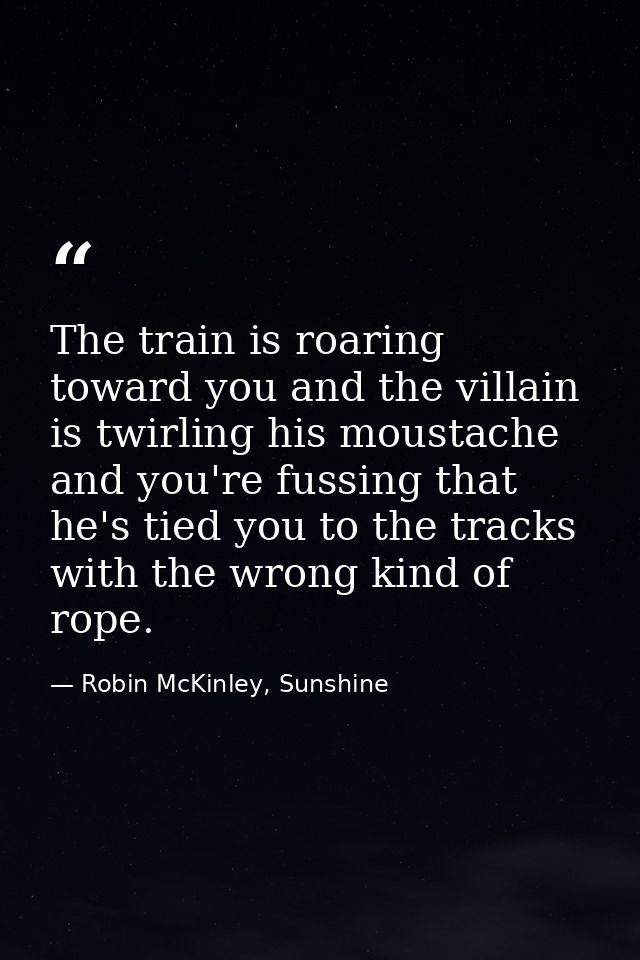 The train is roaring toward you and the villain is twirling his moustache and you're fussing that he's tied you to the t — Robin McKinley, Sunshine