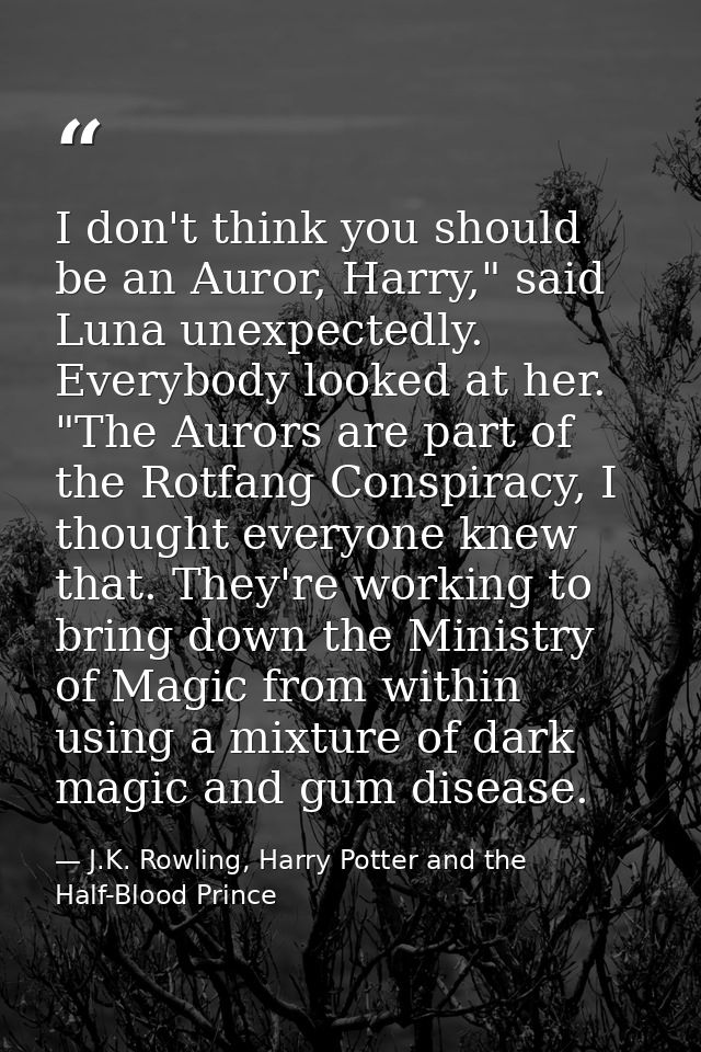 I don't think you should be an Auror, Harry," said Luna unexpectedly. Everybody looked at her. "The Aurors are part of t — J.K. Rowling, Harry Potter and the Half-Blood Prince