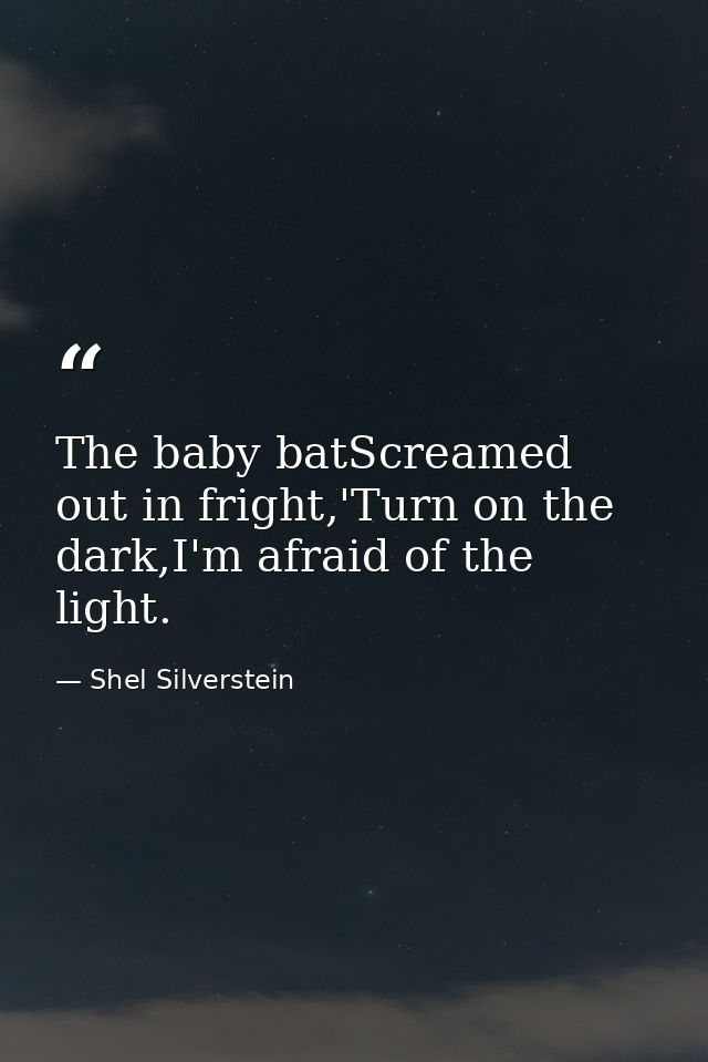 The baby batScreamed out in fright,'Turn on the dark,I'm afraid of the light. — Shel Silverstein