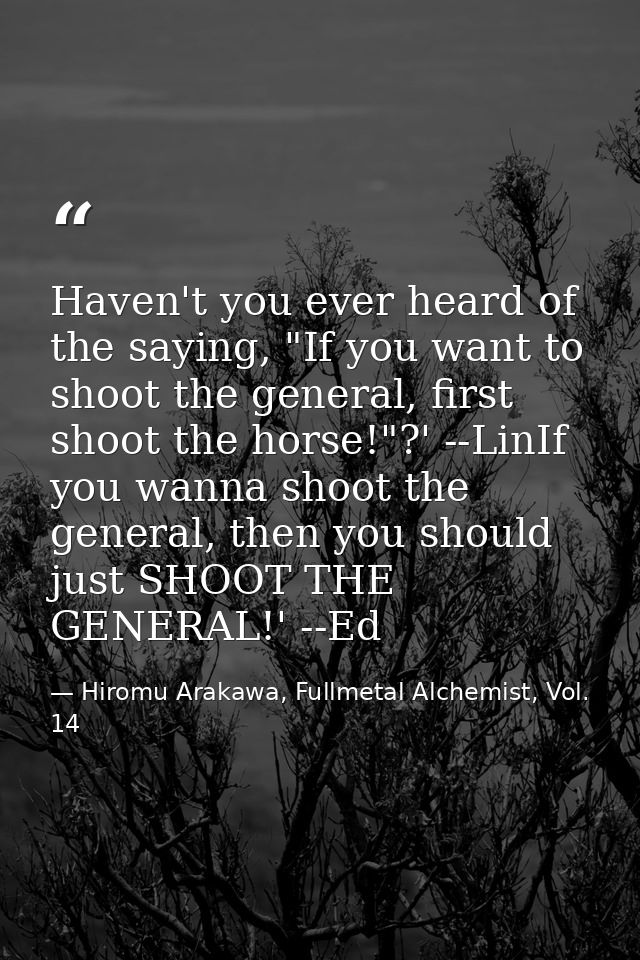 Haven't you ever heard of the saying, "If you want to shoot the general, first shoot the horse!"?' --LinIf you wanna sho — Hiromu Arakawa, Fullmetal Alchemist, Vol. 14