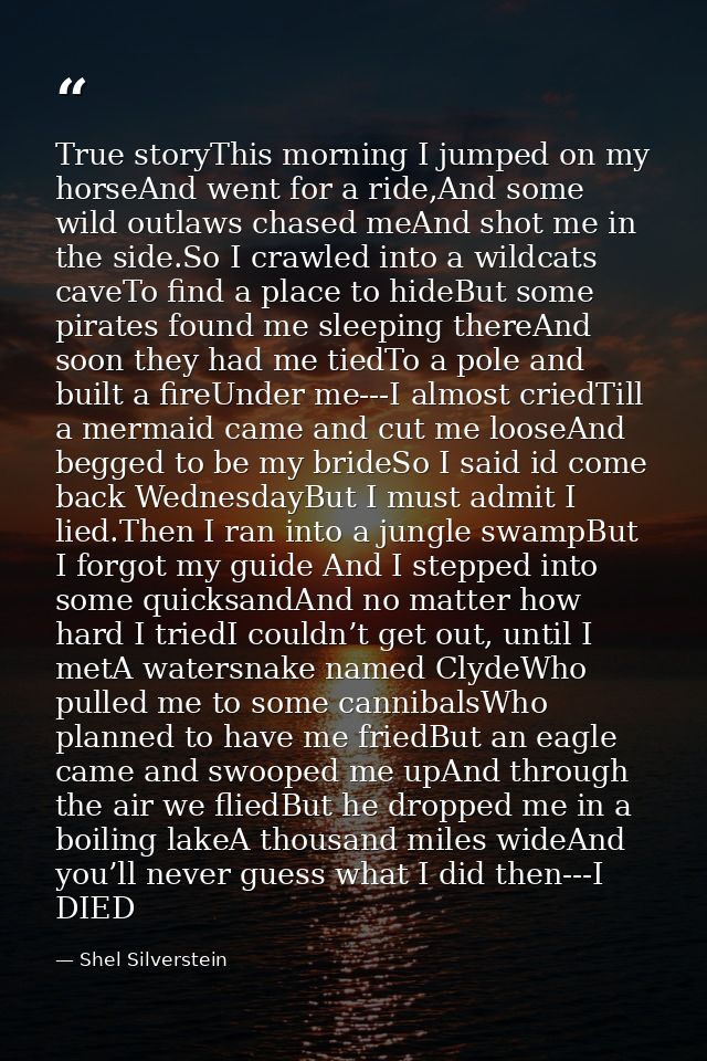 True storyThis morning I jumped on my horseAnd went for a ride,And some wild outlaws chased meAnd shot me in the side.So — Shel Silverstein