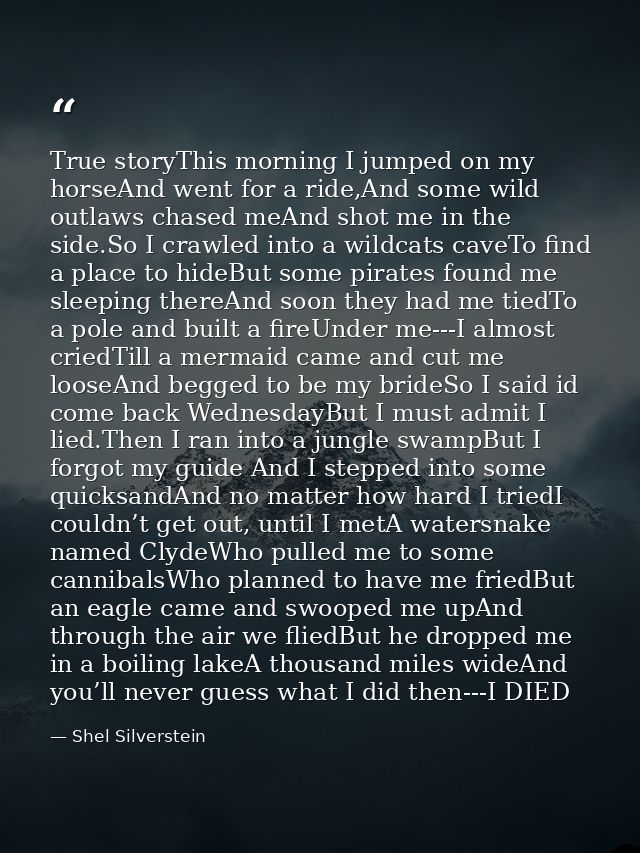 True storyThis morning I jumped on my horseAnd went for a ride,And some wild outlaws chased meAnd shot me in the side.So — Shel Silverstein