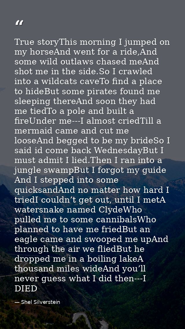 True storyThis morning I jumped on my horseAnd went for a ride,And some wild outlaws chased meAnd shot me in the side.So — Shel Silverstein