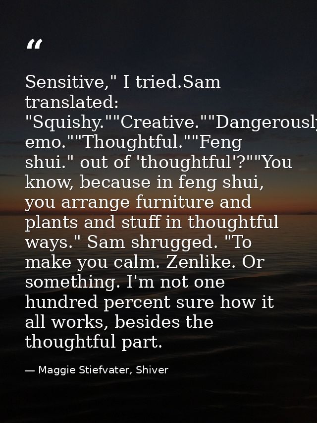 Sensitive," I tried.Sam translated: "Squishy.""Creative.""Dangerously emo.""Thoughtful.""Feng shui." out of 'thoughtful' — Maggie Stiefvater, Shiver