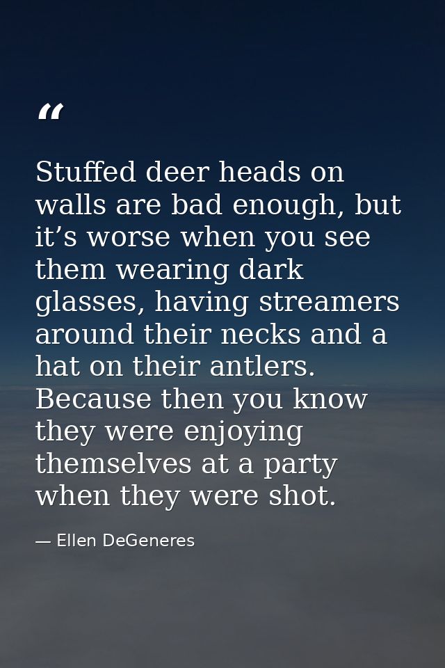 Stuffed deer heads on walls are bad enough, but it’s worse when you see them wearing dark glasses, having streamers arou — Ellen DeGeneres