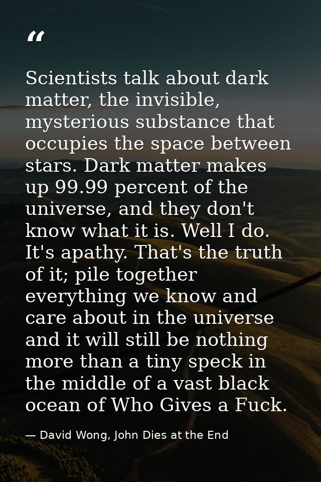 Scientists talk about dark matter, the invisible, mysterious substance that occupies the space between stars. Dark matte — David Wong, John Dies at the End