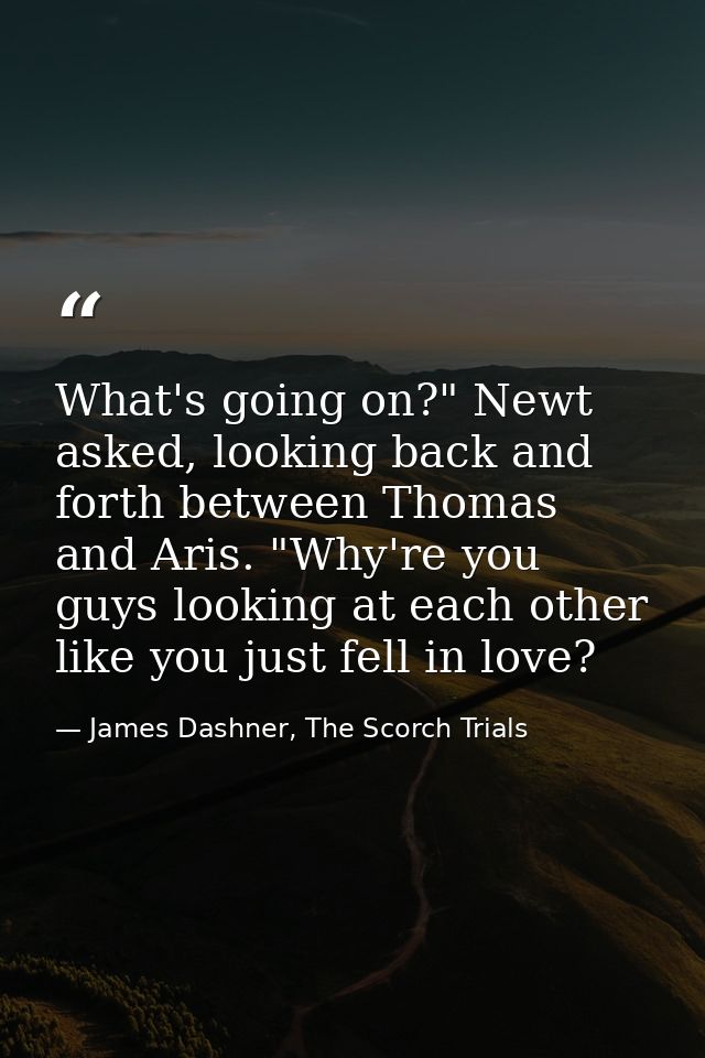 What's going on?" Newt asked, looking back and forth between Thomas and Aris. "Why're you guys looking at each other lik — James Dashner, The Scorch Trials
