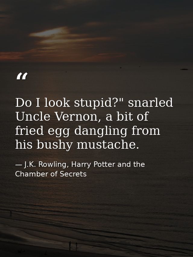 Do I look stupid?" snarled Uncle Vernon, a bit of fried egg dangling from his bushy mustache. — J.K. Rowling, Harry Potter and the Chamber of Secrets