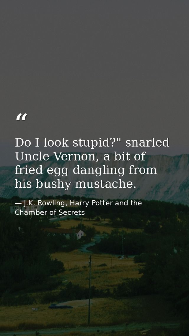 Do I look stupid?" snarled Uncle Vernon, a bit of fried egg dangling from his bushy mustache. — J.K. Rowling, Harry Potter and the Chamber of Secrets