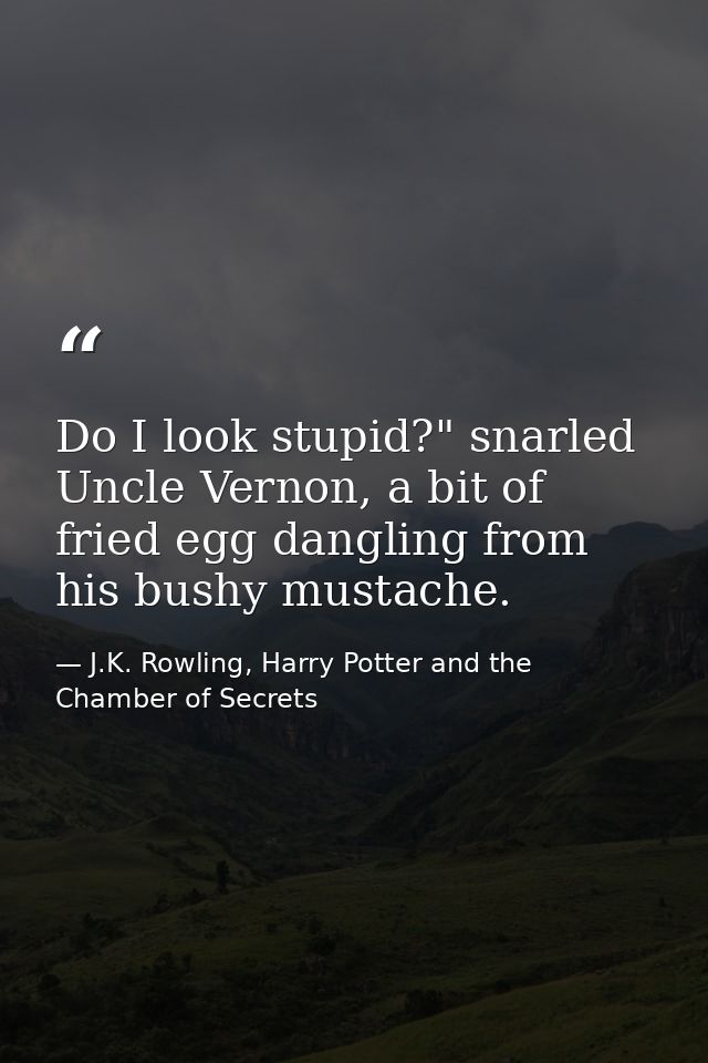 Do I look stupid?" snarled Uncle Vernon, a bit of fried egg dangling from his bushy mustache. — J.K. Rowling, Harry Potter and the Chamber of Secrets