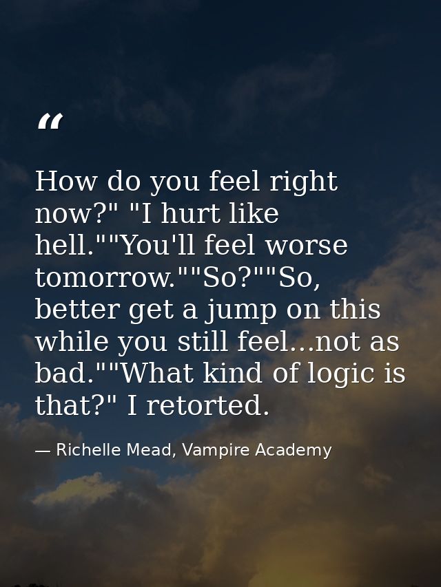 How do you feel right now?" "I hurt like hell.""You'll feel worse tomorrow.""So?""So, better get a jump on this while yo — Richelle Mead, Vampire Academy