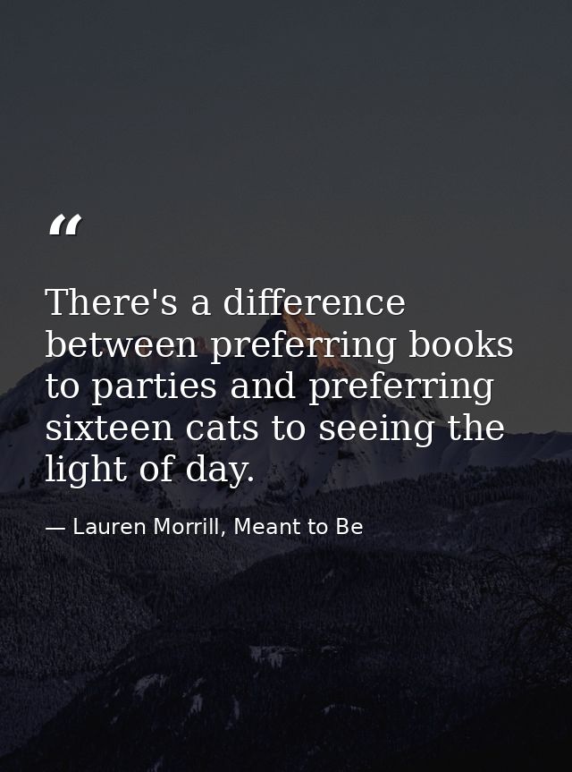 There's a difference between preferring books to parties and preferring sixteen cats to seeing the light of day. — Lauren Morrill, Meant to Be