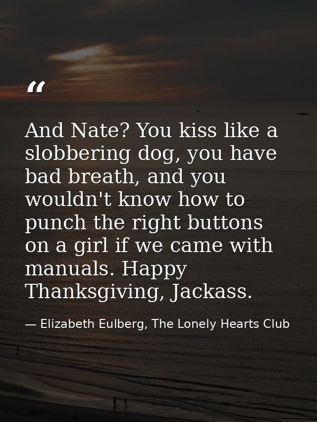 And Nate? You kiss like a slobbering dog, you have bad breath, and you wouldn't know how to punch the right buttons on a — Elizabeth Eulberg, The Lonely Hearts Club