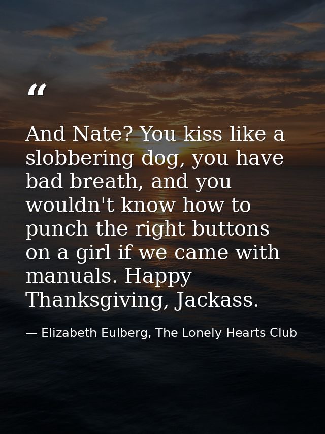 And Nate? You kiss like a slobbering dog, you have bad breath, and you wouldn't know how to punch the right buttons on a — Elizabeth Eulberg, The Lonely Hearts Club