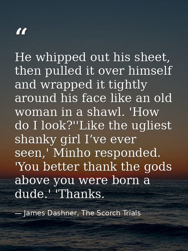 He whipped out his sheet, then pulled it over himself and wrapped it tightly around his face like an old woman in a shaw — James Dashner, The Scorch Trials