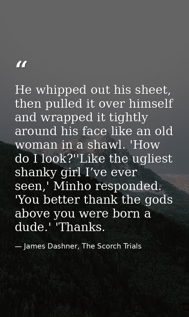 He whipped out his sheet, then pulled it over himself and wrapped it tightly around his face like an old woman in a shaw — James Dashner, The Scorch Trials