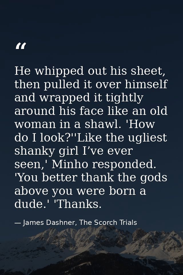 He whipped out his sheet, then pulled it over himself and wrapped it tightly around his face like an old woman in a shaw — James Dashner, The Scorch Trials