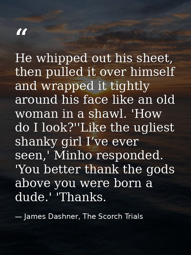 He whipped out his sheet, then pulled it over himself and wrapped it tightly around his face like an old woman in a shaw — James Dashner, The Scorch Trials