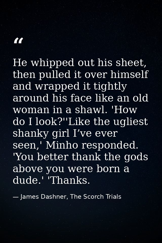 He whipped out his sheet, then pulled it over himself and wrapped it tightly around his face like an old woman in a shaw — James Dashner, The Scorch Trials