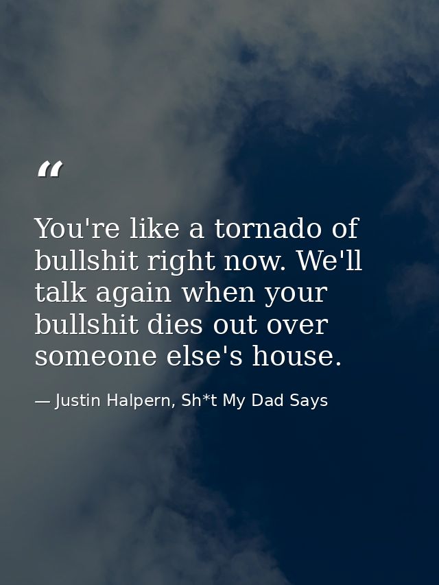 You're like a tornado of bullshit right now. We'll talk again when your bullshit dies out over someone else's house. — Justin Halpern, Sh*t My Dad Says