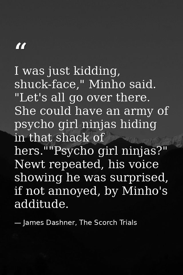 I was just kidding, shuck-face," Minho said. "Let's all go over there. She could have an army of psycho girl ninjas hidi — James Dashner, The Scorch Trials