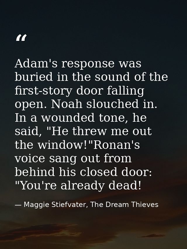 Adam's response was buried in the sound of the first-story door falling open. Noah slouched in. In a wounded tone, he sa — Maggie Stiefvater, The Dream Thieves
