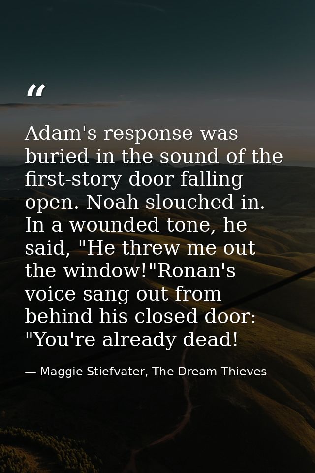 Adam's response was buried in the sound of the first-story door falling open. Noah slouched in. In a wounded tone, he sa — Maggie Stiefvater, The Dream Thieves