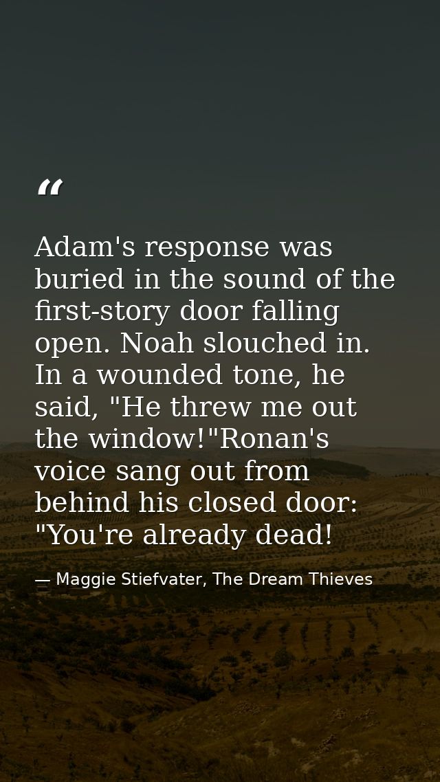 Adam's response was buried in the sound of the first-story door falling open. Noah slouched in. In a wounded tone, he sa — Maggie Stiefvater, The Dream Thieves
