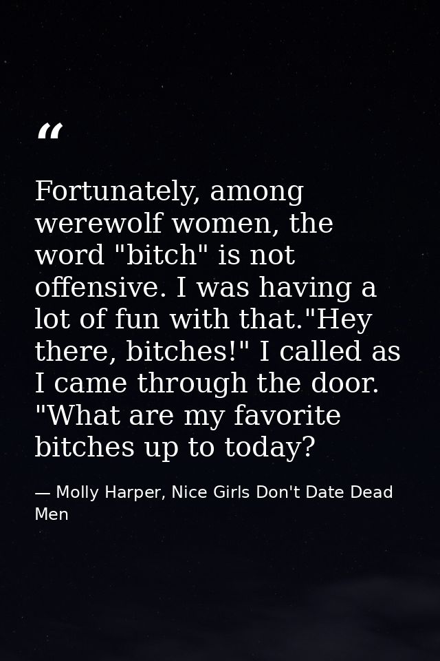 Fortunately, among werewolf women, the word "bitch" is not offensive. I was having a lot of fun with that."Hey there, bi — Molly Harper, Nice Girls Don't Date Dead Men