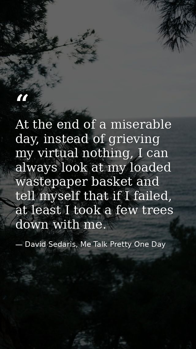At the end of a miserable day, instead of grieving my virtual nothing, I can always look at my loaded wastepaper basket  — David Sedaris, Me Talk Pretty One Day