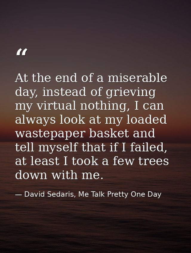 At the end of a miserable day, instead of grieving my virtual nothing, I can always look at my loaded wastepaper basket  — David Sedaris, Me Talk Pretty One Day