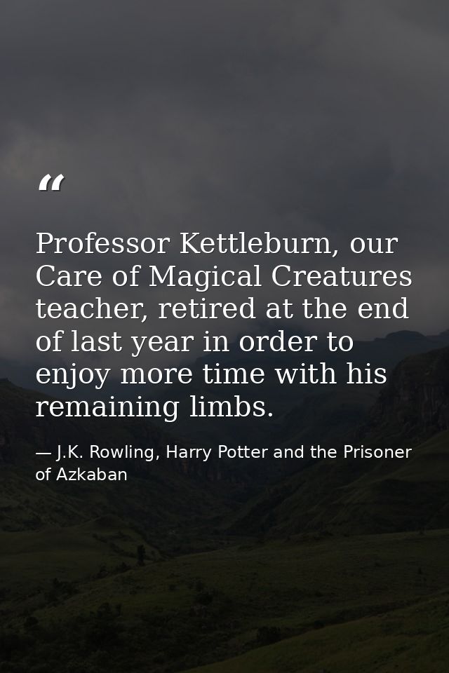 Professor Kettleburn, our Care of Magical Creatures teacher, retired at the end of last year in order to enjoy more time — J.K. Rowling, Harry Potter and the Prisoner of Azkaban