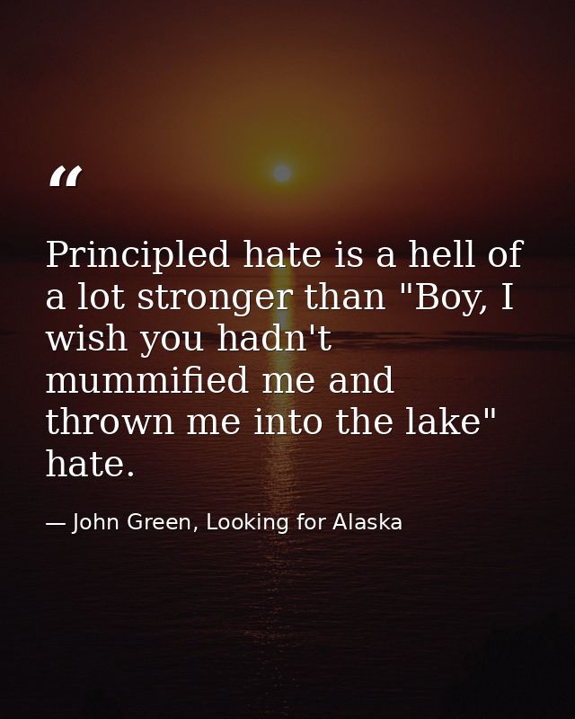 Principled hate is a hell of a lot stronger than "Boy, I wish you hadn't mummified me and thrown me into the lake" hate. — John Green, Looking for Alaska