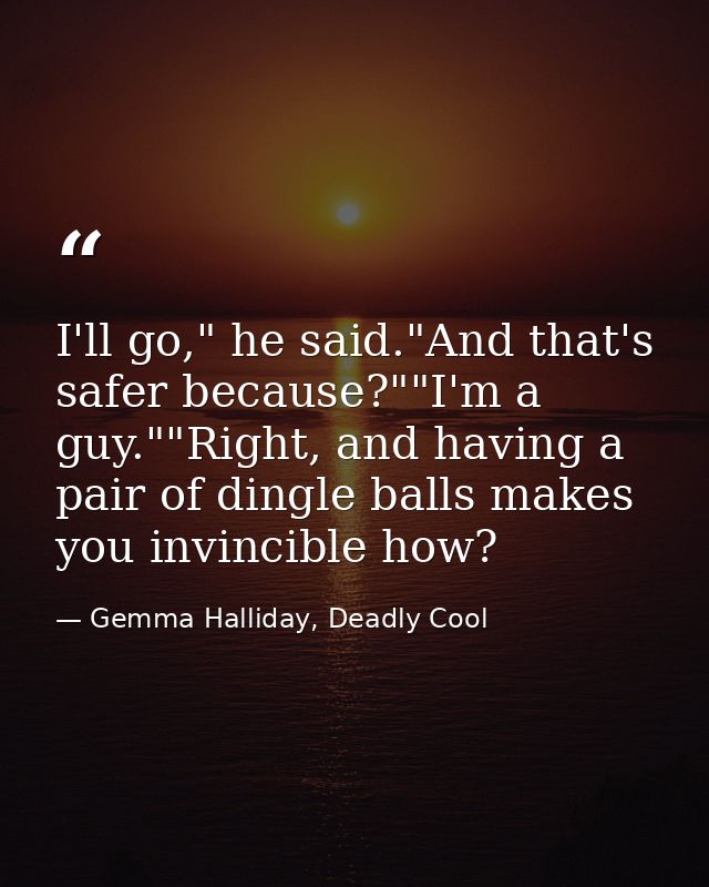 I'll go," he said."And that's safer because?""I'm a guy.""Right, and having a pair of dingle balls makes you invincible  — Gemma Halliday, Deadly Cool