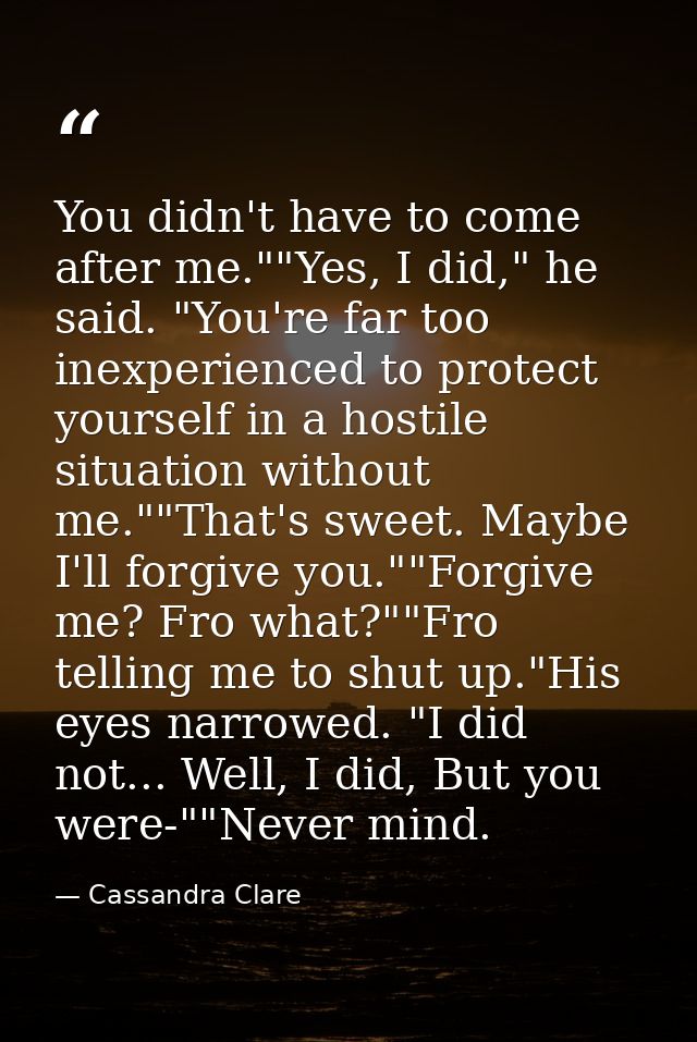 You didn't have to come after me.""Yes, I did," he said. "You're far too inexperienced to protect yourself in a hostile  — Cassandra Clare