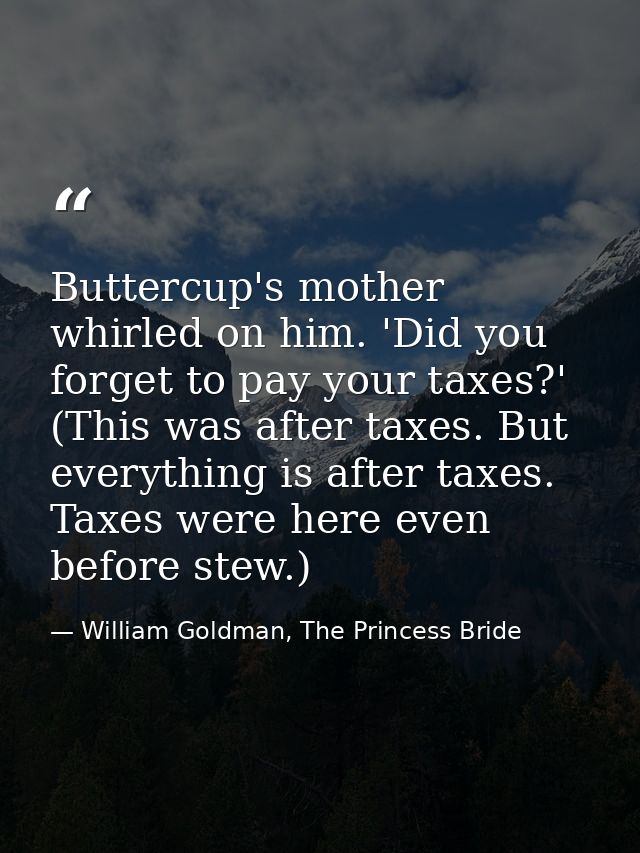 Buttercup's mother whirled on him. 'Did you forget to pay your taxes?' (This was after taxes. But everything is after ta — William Goldman, The Princess Bride