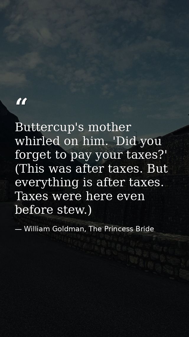 Buttercup's mother whirled on him. 'Did you forget to pay your taxes?' (This was after taxes. But everything is after ta — William Goldman, The Princess Bride